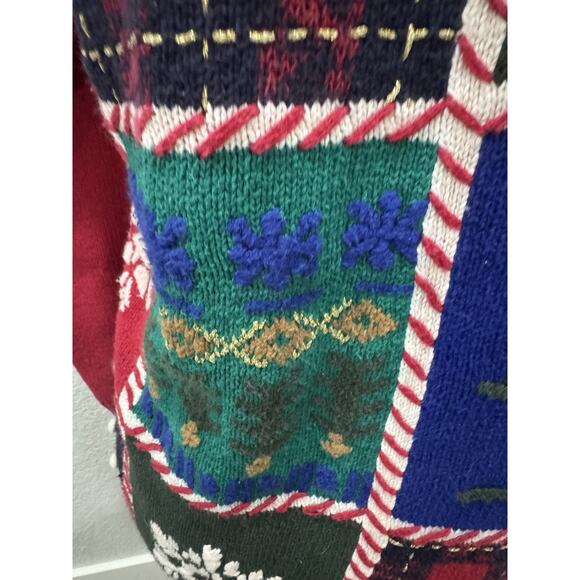 Vintage Patchwork Knit Sweater Snowflake Skiing Christmas Holiday Ugly Sweater - Picture 5 of 9